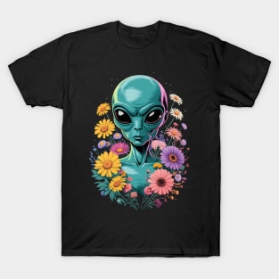 Alien Surrounded By Colorful Flowers Harmony T-Shirt